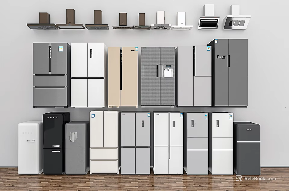 Various Colors And Styles Of Modern Refrigerators And Freezers For Home Kitchens 3d model 