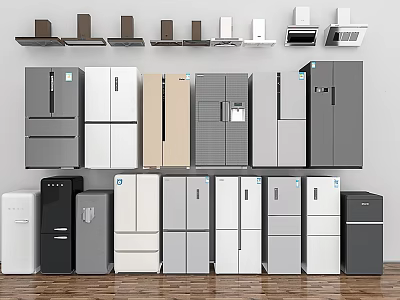 Various Colors And Styles Of Modern Refrigerators And Freezers For Home Kitchens 3d model