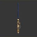Golden Mechanical Sword With Blue Blade Chain And Ornate Emblem Design