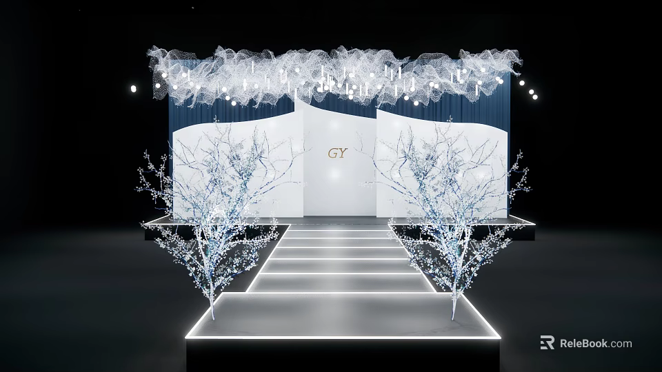 Elegant GY Themed Stage With Crystal Decor Illuminated Trees And White Steps 3d model 