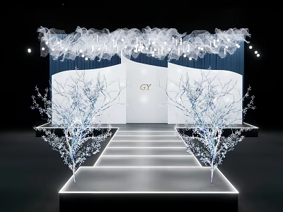 Elegant GY Themed Stage With Crystal Decor Illuminated Trees And White Steps 3d model