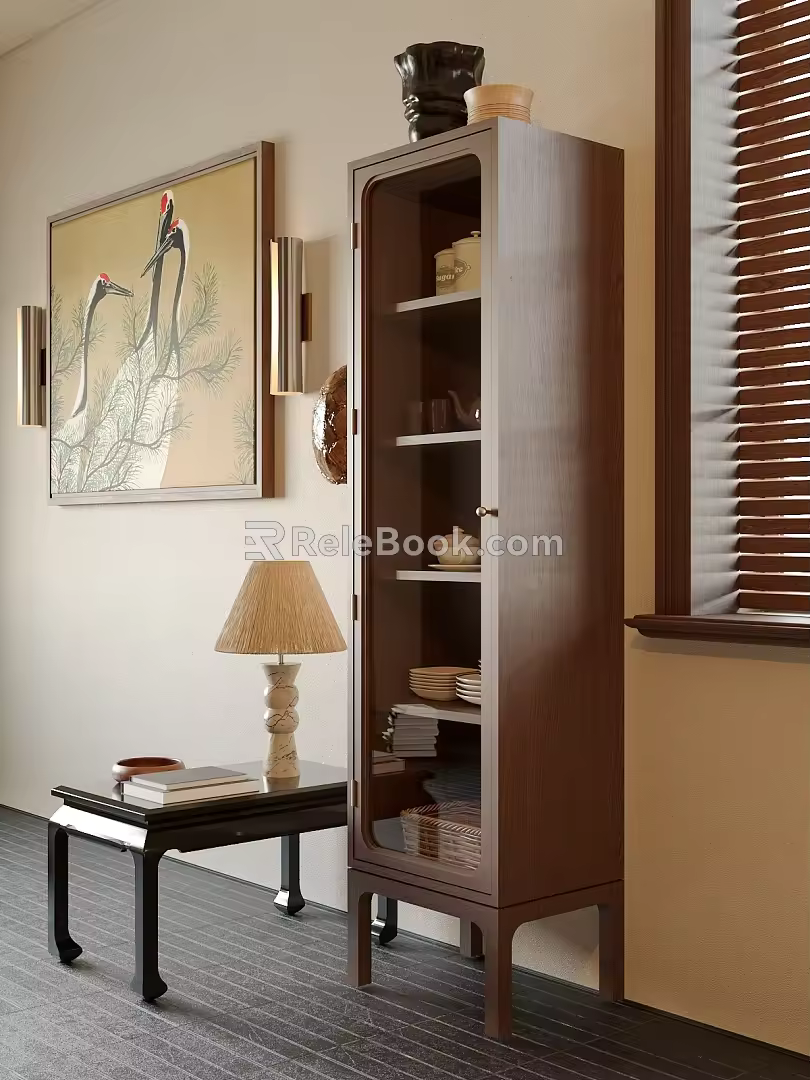 Middle Ancient Storage Cabinet Decorative Cabinet Hanging Painting Table Lamp 3d model