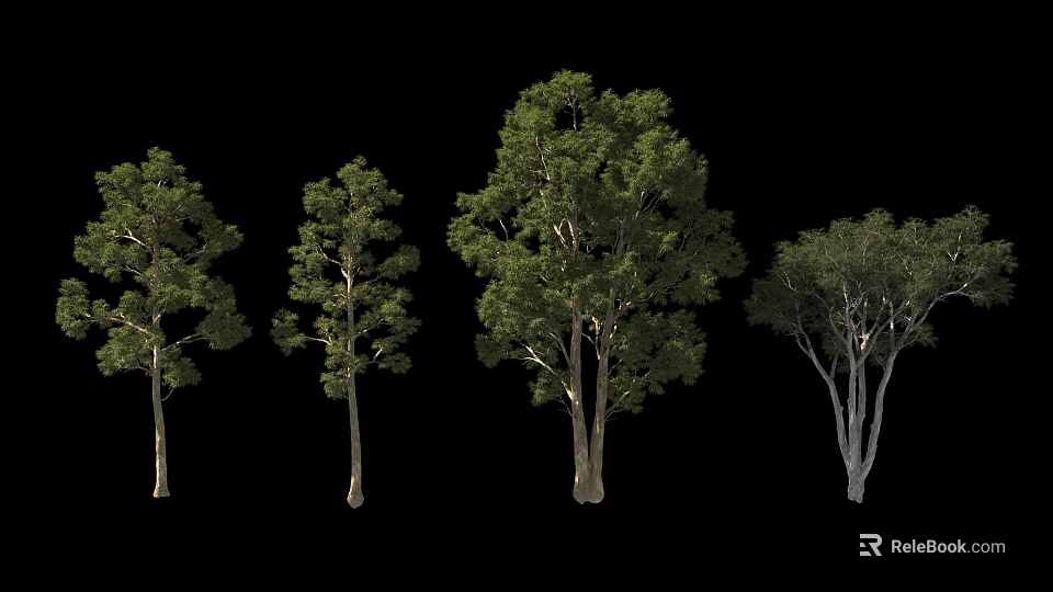 Arbor Trees In Various Sizes Shapes With Green Foliage On Black Background 3d model 