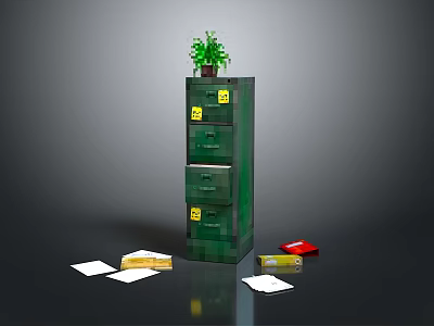 Green File Cabinet With Drawers Yellow Labels Potted Plant On Top And Scattered Papers 3d model