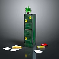 Green File Cabinet With Drawers Yellow Labels Potted Plant On Top And Scattered Papers