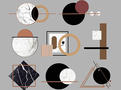 Modern Geometric Wall Decor with Marble Textures Black Brown White Red Shapes and Lines 3d model