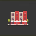 Red Multi story Urban Apartment Building With Light Windows Street Lampposts And Green Trees