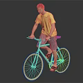 Man in yellow T-shirt and shorts riding a bicycle against gray background