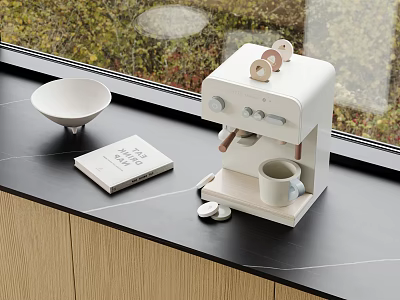 White Coffee Machine with Bowl Book and Cup on Black Countertop by Window Green Plants 3d model