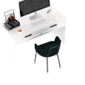 White Modern Desk With Computer Monitor Laptop Keyboard Mouse Coffee Cup And Dark Green Chair