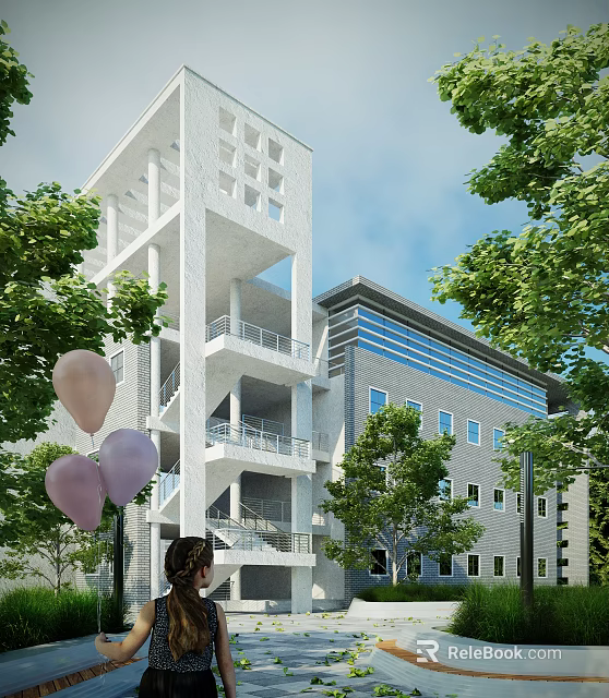 Modern White Exterior Office Building With Glass Curtain Wall And Surrounding Green Trees 3d model 