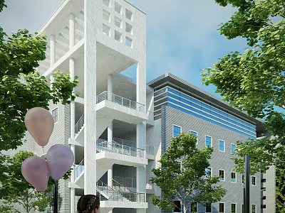 Modern White Exterior Office Building With Glass Curtain Wall And Surrounding Green Trees 3d model