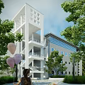 Modern White Exterior Office Building With Glass Curtain Wall And Surrounding Green Trees