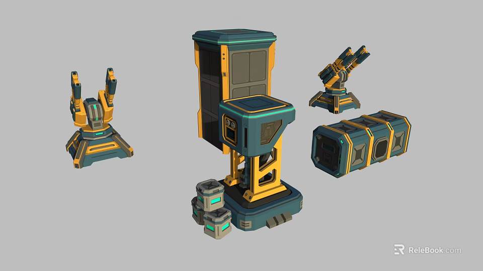 Sci Fi Mechanical Scene Components With Tower Structure Column Base And Box Modules 3d model 