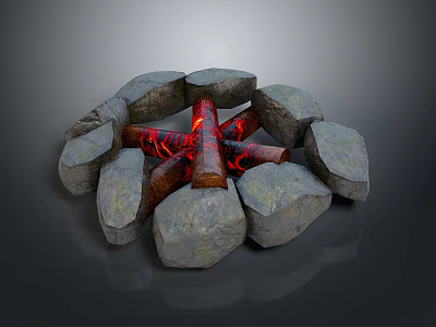 Outdoor Circular Stone Fire Pit Design With Burning Logs And Red Flames 3d model