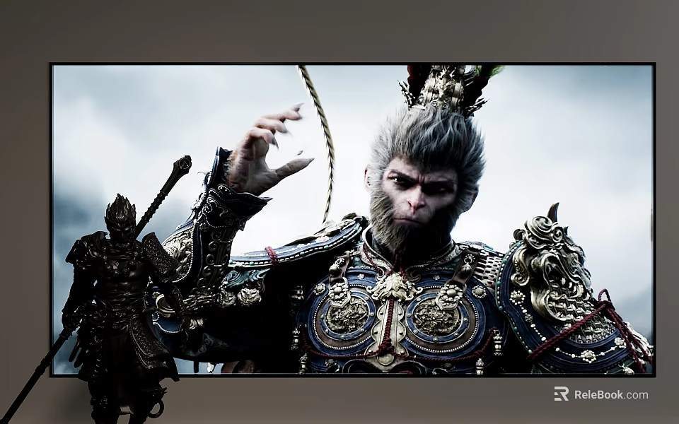 Detailed Mythical Monkey Sculpture With Ornate Armor Decorations Carving Holding Staff Sky Background 3d model 