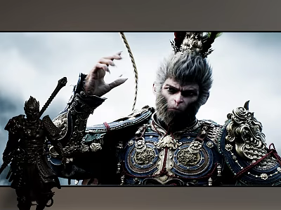 Detailed Mythical Monkey Sculpture With Ornate Armor Decorations Carving Holding Staff Sky Background 3d model