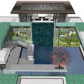 Modern Pergola Design With Metal Frame Grille Ceiling And Waterfall Wall