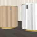Two Wooden And White Curved Decorative Cabinets With Vertical Striped Surface On Light Wood Floor