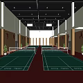 Indoor Badminton Court With Blue Walls Sports Silhouettes Large Windows Green Red Flooring