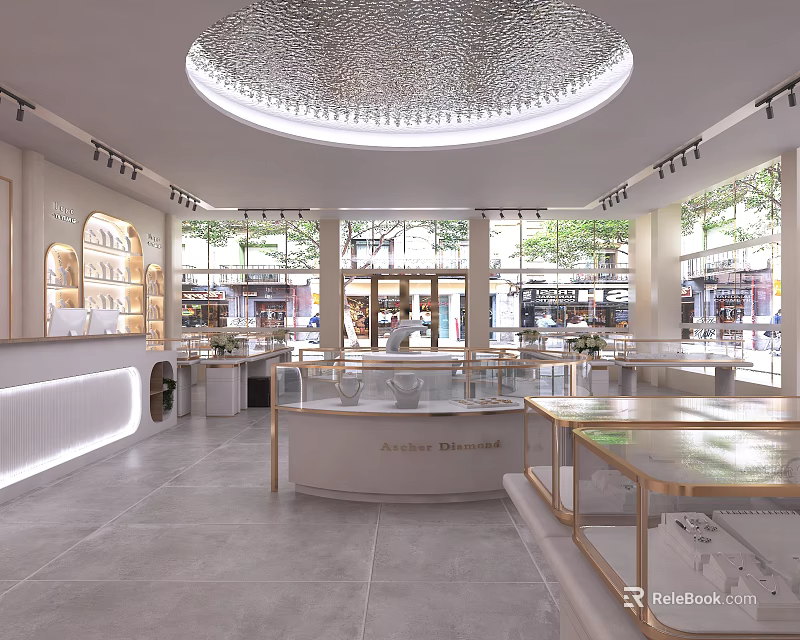 Modern Elegant Jewelry Store Interior With Glass Display Cases Circular Ceiling Light And Marble Floor 3d model 