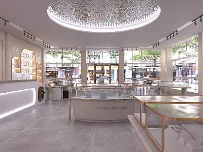 Modern Elegant Jewelry Store Interior With Glass Display Cases Circular Ceiling Light And Marble Floor 3d model