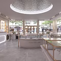 Modern Elegant Jewelry Store Interior With Glass Display Cases Circular Ceiling Light And Marble Floor