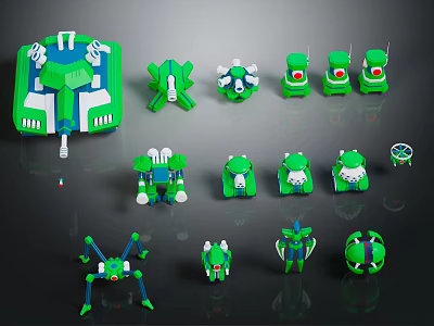 Multiple Green and White Mechanical Weapons Models with Various Designs and Shapes 3d model