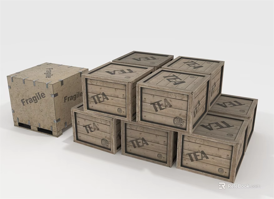 Stacked Wooden Boxes Labeled Fragile and TEA for Storage and Transport 3d model 