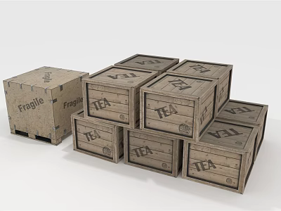 Stacked Wooden Boxes Labeled Fragile and TEA for Storage and Transport 3d model