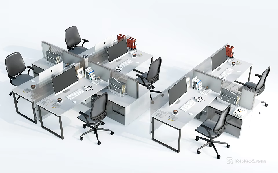 Modern Office Desks In Workspace With Partitions Office Chairs Monitors And Documents 3d model 