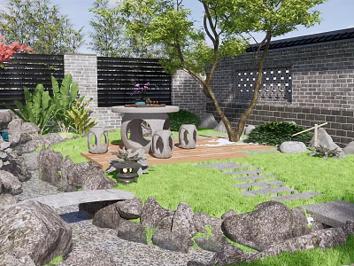 Rockery Stones Featured In Garden With Grass Stone Path Brick Wall Plants And Wooden Table 3d model