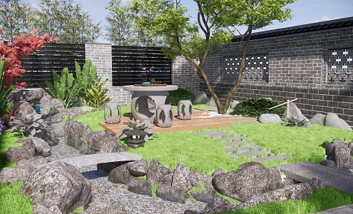 New Chinese-style Courtyard Garden Fakery Fish Pond Waterscape Garden Plant Landscaping Courtyard Setches Stone Table Stone Bench Gobang 3d model