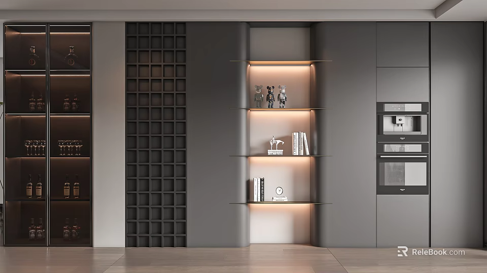 Modern Gray Wine Cabinet With Tiered Illuminated Shelves Decorative Items And Books 3d model 