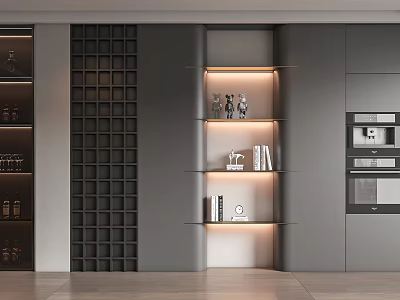 Modern Gray Wine Cabinet With Tiered Illuminated Shelves Decorative Items And Books 3d model