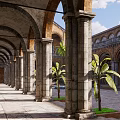 Historic Arched Courtyard Garden With Central Fountain Palm Trees And Reflecting Pool