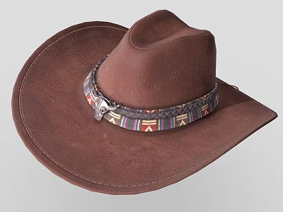 Brown Leather Cowboy Hat With Decorative Colorful Pattern Band And Metal Buckle 3d model
