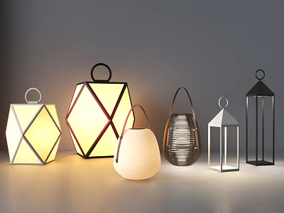 Stylish Outdoor Lanterns In Various Designs With Metal Frames Woven Details And Warm Glow 3d model
