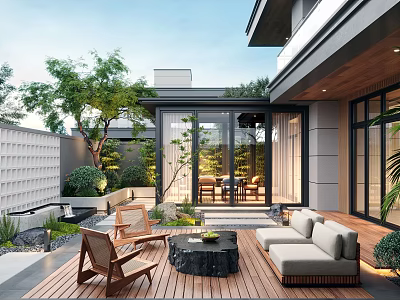 Modern Backyard Garden With Wooden Deck Outdoor Furniture And Green Plants 3d model