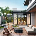 Modern Backyard Garden With Wooden Deck Outdoor Furniture And Green Plants