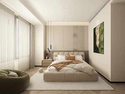 Modern Bedroom With Beige Bed Pendant Lights Green Painting Light Carpet And Green Accent Chair 3d model