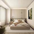 Modern Bedroom With Beige Bed Pendant Lights Green Painting Light Carpet And Green Accent Chair