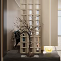 Minimalist Entryway Hallway Design With Lattice Screen And Decorative Bare Tree Branches Warm Lighting