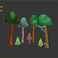 3D Rendered Tall Trees With Orange Trunks Green Canopies And Small Green Pine Trees