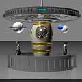 Space Themed Reception Desk with Circular Top Capsule Design Planet Models and Staff Standing Beside