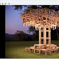Modern Wooden Landscape Pavilion With Glass Roof And Green Grass Under Evening Sky