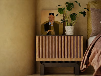 Cozy Wooden Bedside Table With Vertical Stripes Green Plant And Painting 3d model
