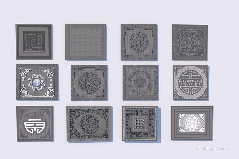 Various Traditional Square Decorative Tiles With Ornate Chinese Pattern Designs 3d model 