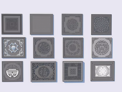 Various Traditional Square Decorative Tiles With Ornate Chinese Pattern Designs 3d model