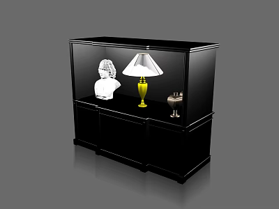 Black Glass Door Display Cabinet Featuring White Bust Statue Yellow Lamp And Small Vintage Telephone 3d model
